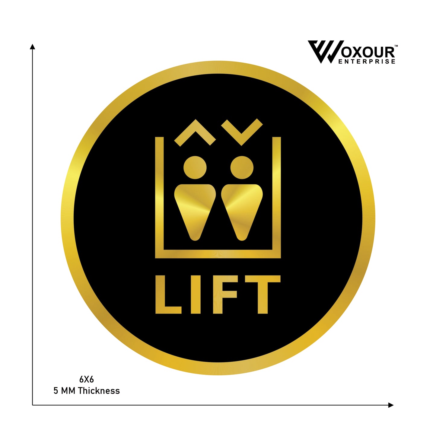 mdf + acrylic lift sign board – 6x6 inch | 5mm thick | mdf top with gold acrylic base | modern elevator direction sign for office, building, hotel