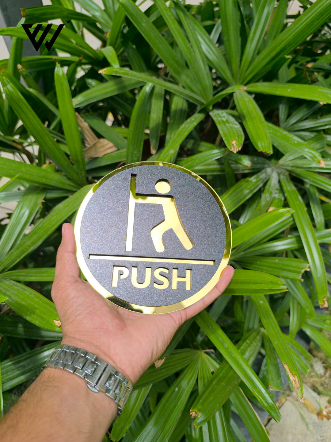mdf + acrylic push sign board – 6x6 inch | 5mm thick | mdf top with gold acrylic base | elegant door sign for office, shop, hotel, clinic