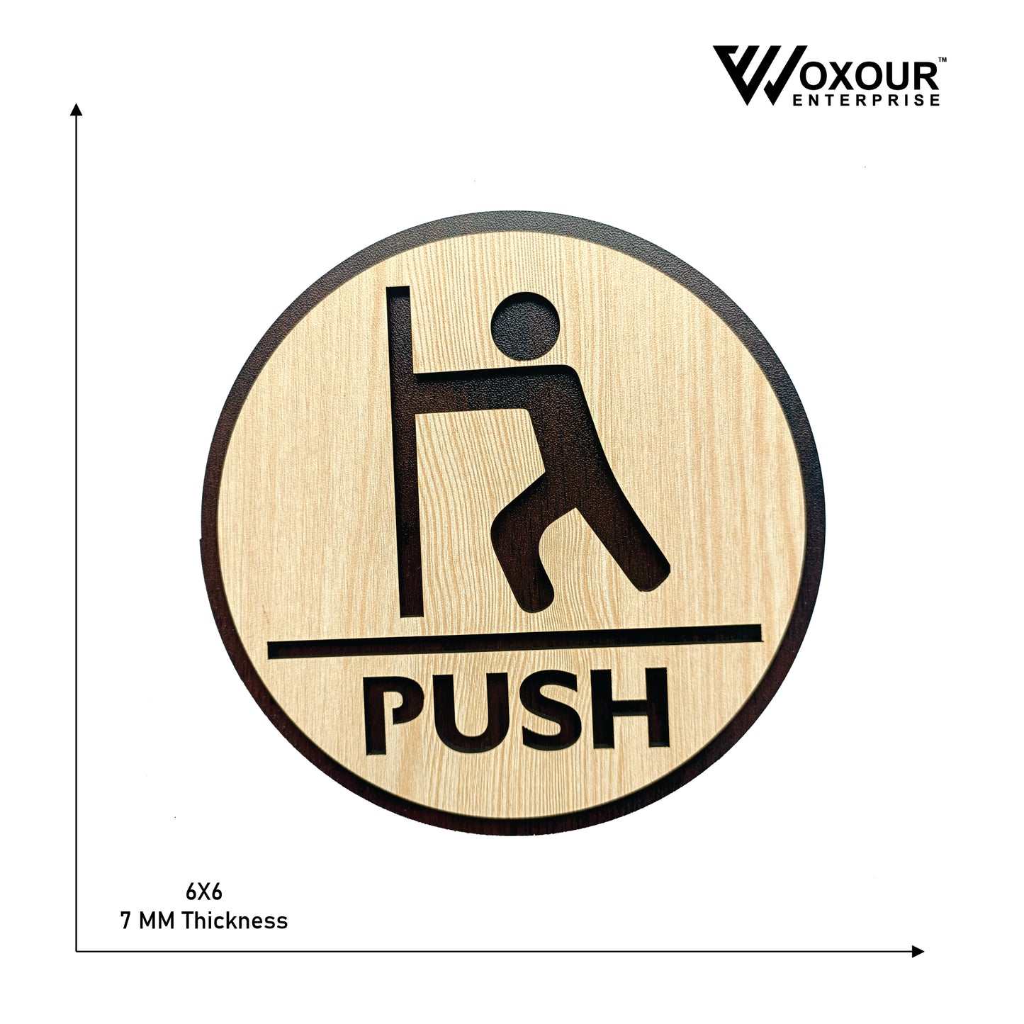 wooden push door sign board | round laser cut mdf | 6x6 inch | 7mm thickness | peel & stick | door instruction signage for shops, offices, homes