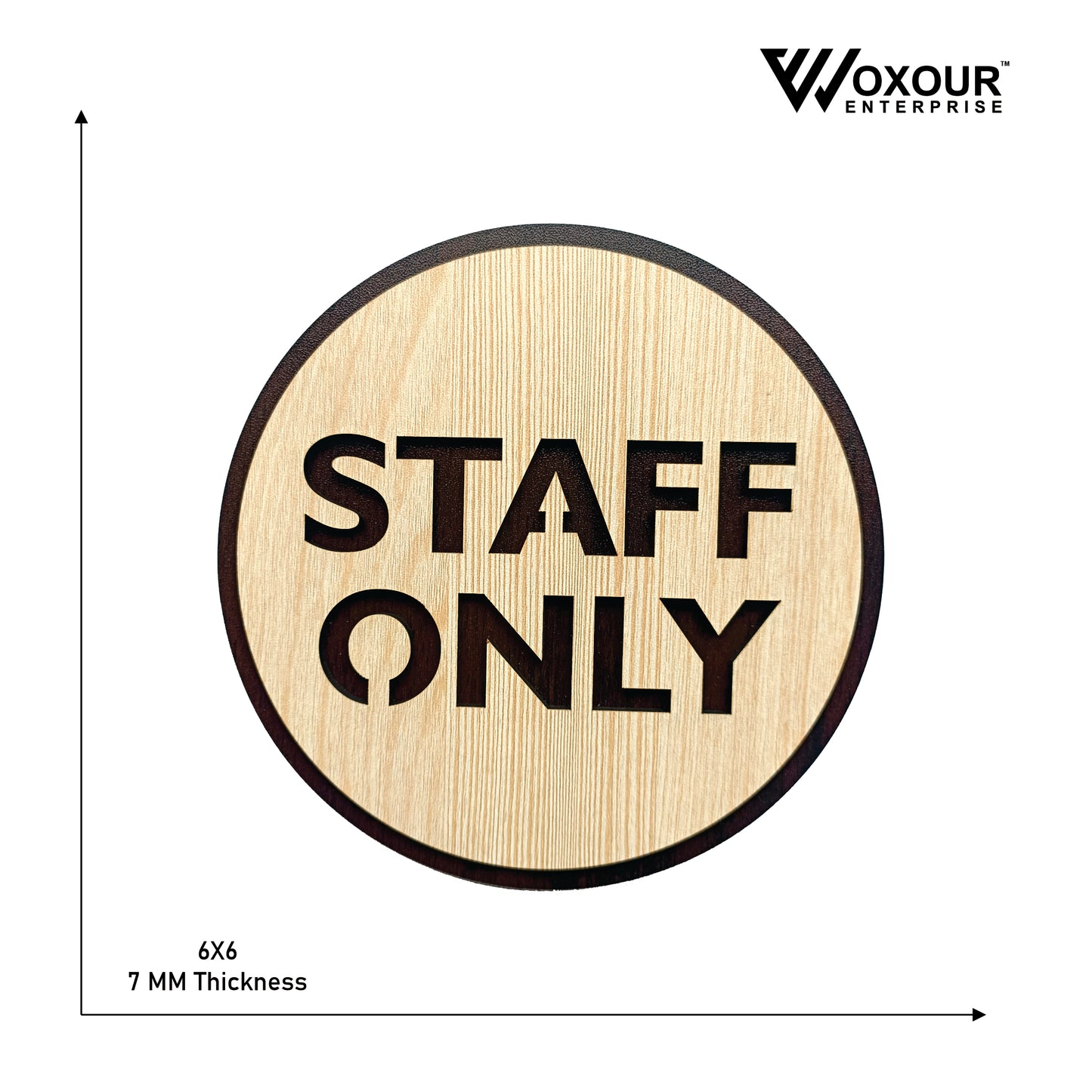 staff only wooden sign board | round mdf laser cut | 6x6 inch | 7mm thickness | peel & stick | office, restaurant, restricted area signage
