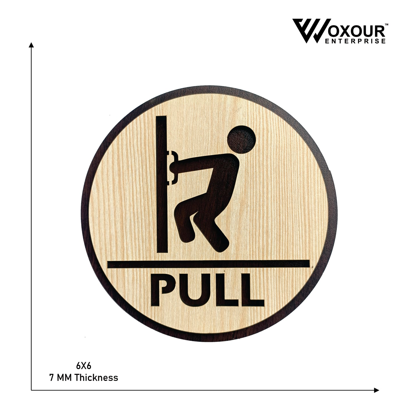 wooden pull door sign board | round laser cut mdf | 6x6 inch | 7mm thickness | peel & stick | door instruction signage for shops, offices, homes