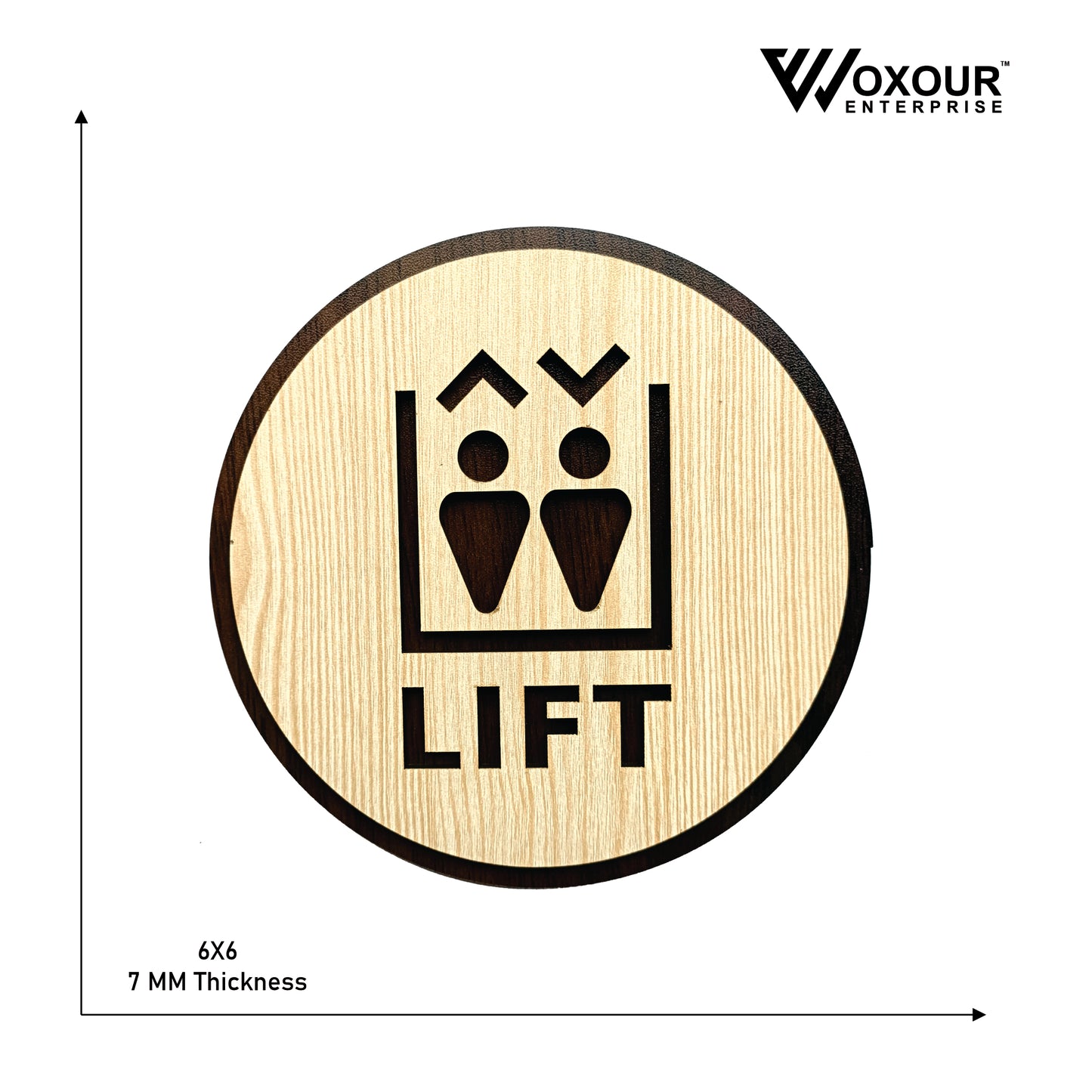 wooden lift sign board | round laser cut mdf | 6x6 inch | 7mm thickness | peel & stick installation | elevator direction sign for wall, apartment, office, hotel