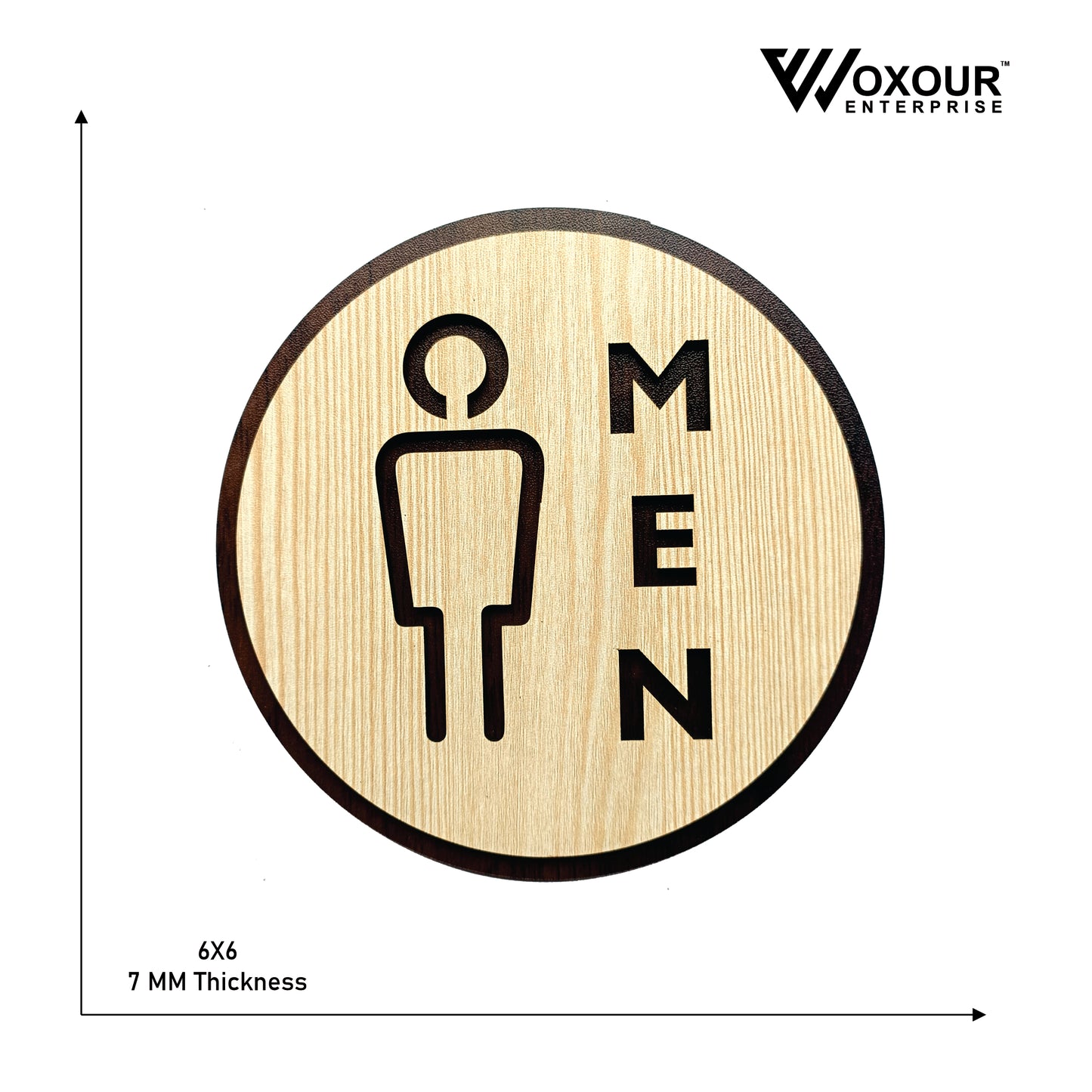 wooden men toilet sign board | round laser cut mdf | 6x6 inch | 7mm thickness | peel & stick washroom sign for office, home, café, hotel
