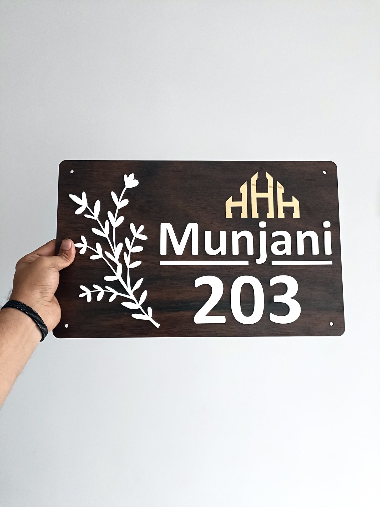 custom mdf wooden name plate | personalized door sign for flat, villa, bungalow | house number & name design