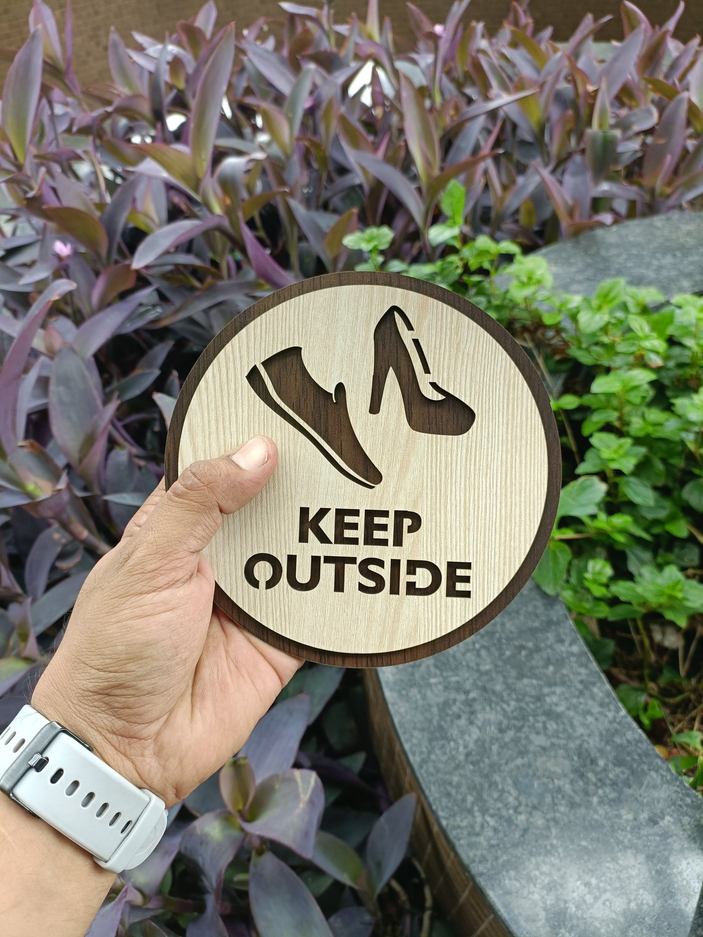 wooden keep outside shoes sign board | round laser cut mdf | 6x6 inch | 7mm thickness | peel & stick | no shoes inside board for home, office, temple