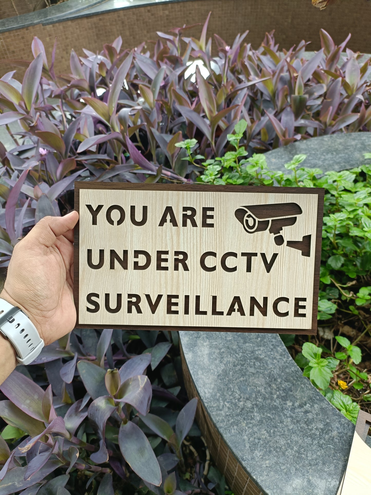 wooden cctv surveillance sign board | you are under cctv surveillance | laser cut mdf | 6x10 inch | 7mm thickness | peel & stick tape mount | for door, wall, office, shop