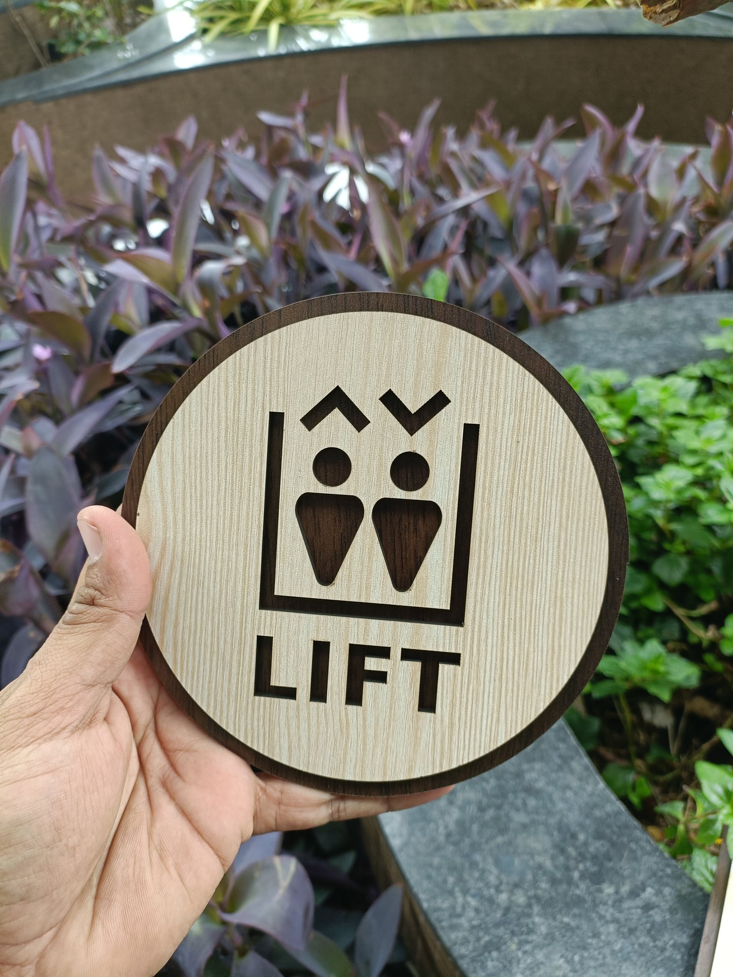 wooden lift sign board | round laser cut mdf | 6x6 inch | 7mm thickness | peel & stick installation | elevator direction sign for wall, apartment, office, hotel