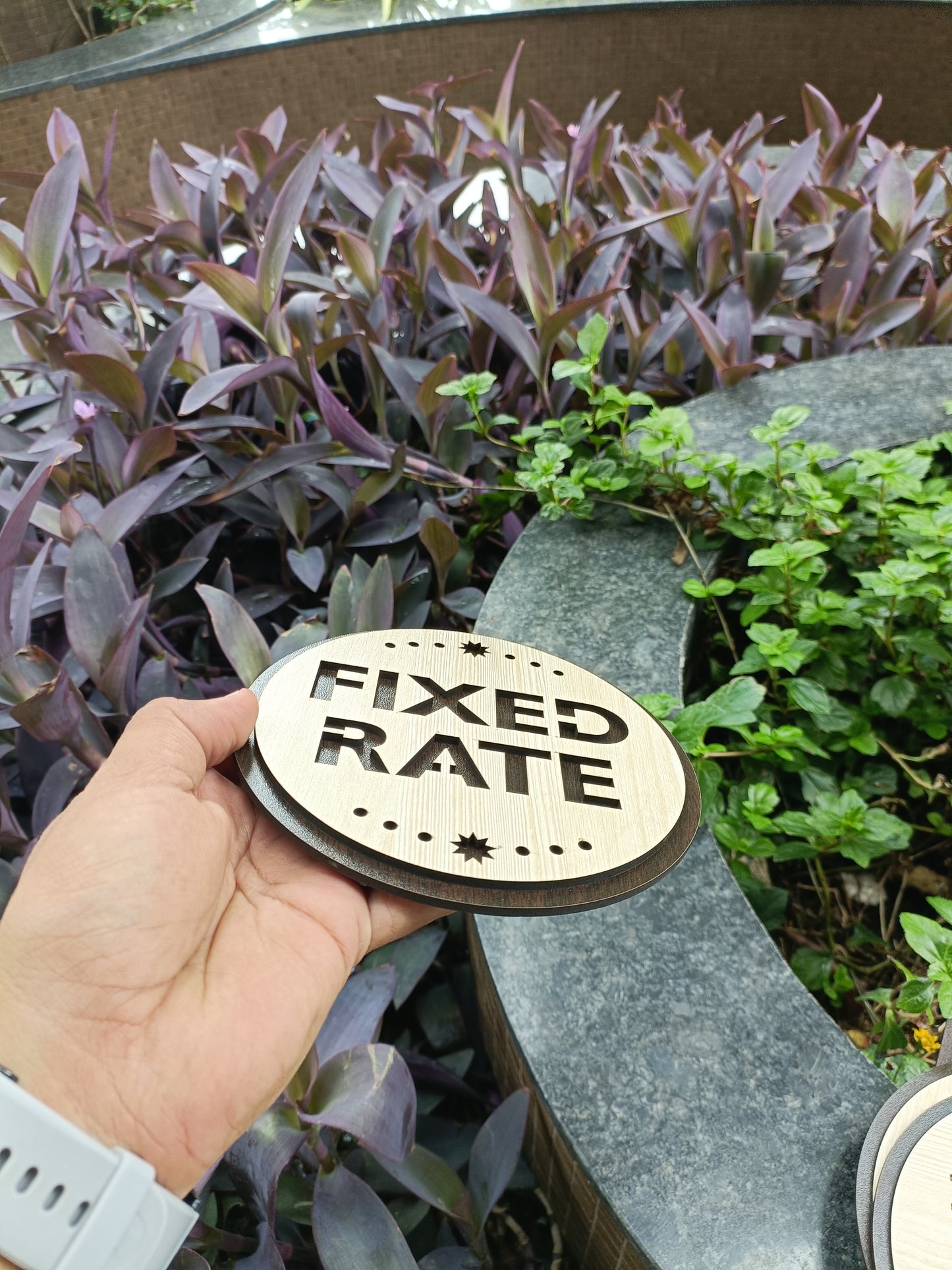 wooden fixed rate round sign board | laser cut mdf | 6x6 inch | 7mm thickness | peel & stick | counter desk display for shops, clinics, cafes