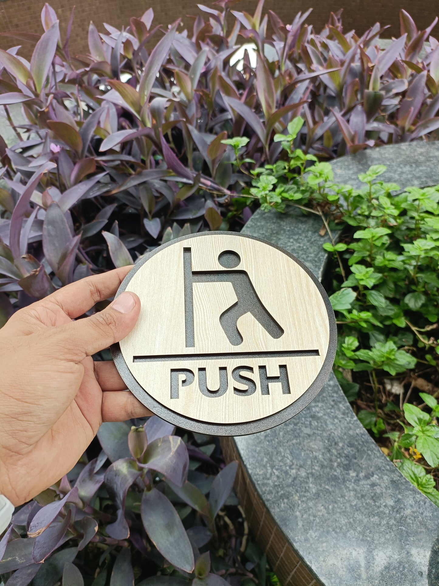 wooden push door sign board | round laser cut mdf | 6x6 inch | 7mm thickness | peel & stick | door instruction signage for shops, offices, homes