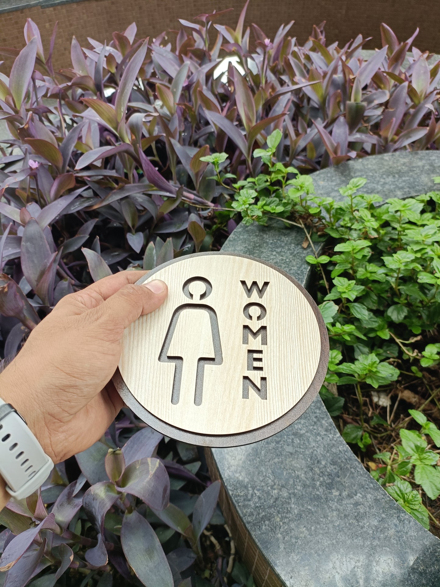 women toilet sign board | round mdf laser cut | 6x6 inch | 7mm thickness | peel & stick | female restroom symbol for office, café, home
