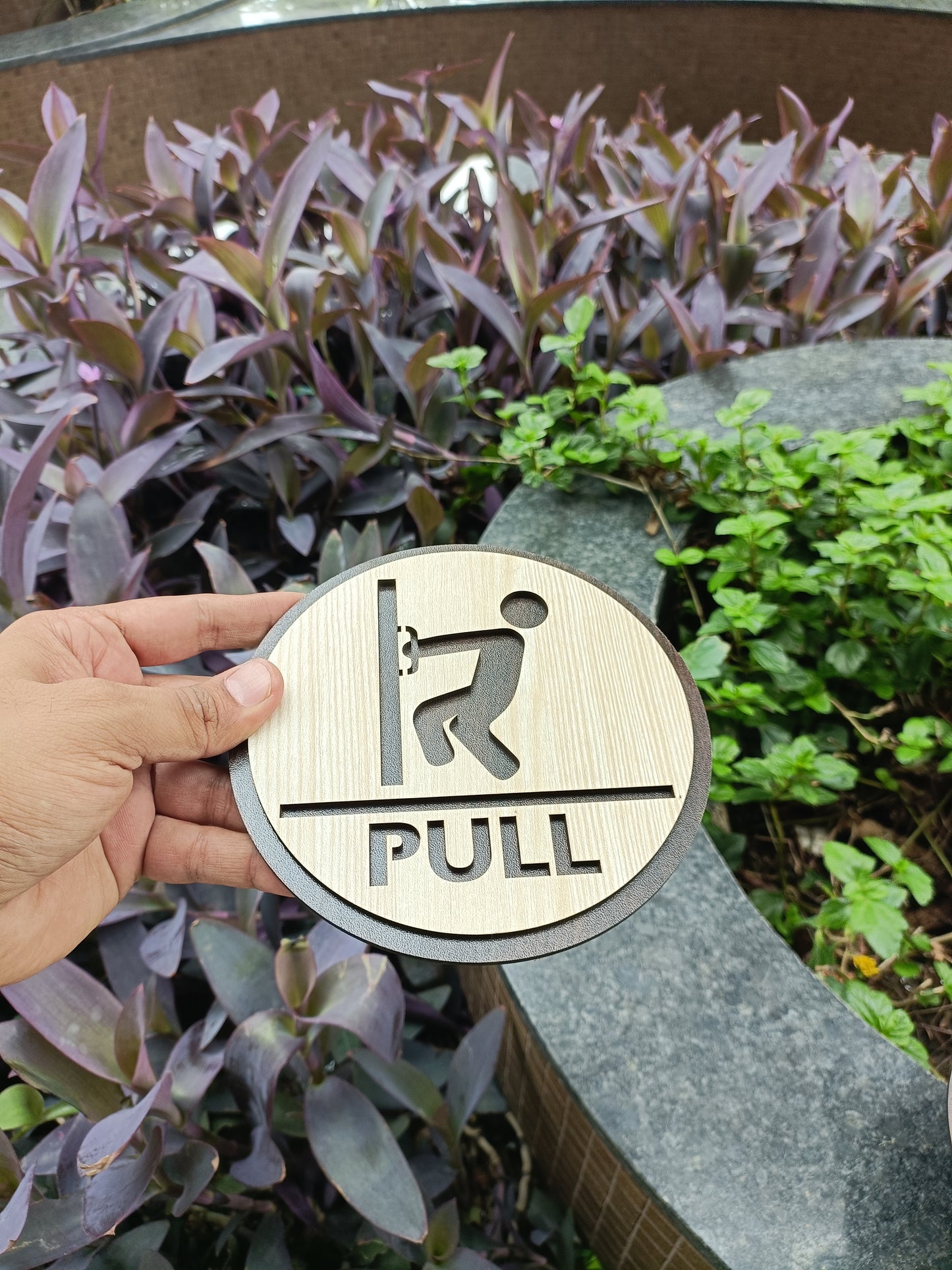 wooden pull door sign board | round laser cut mdf | 6x6 inch | 7mm thickness | peel & stick | door instruction signage for shops, offices, homes