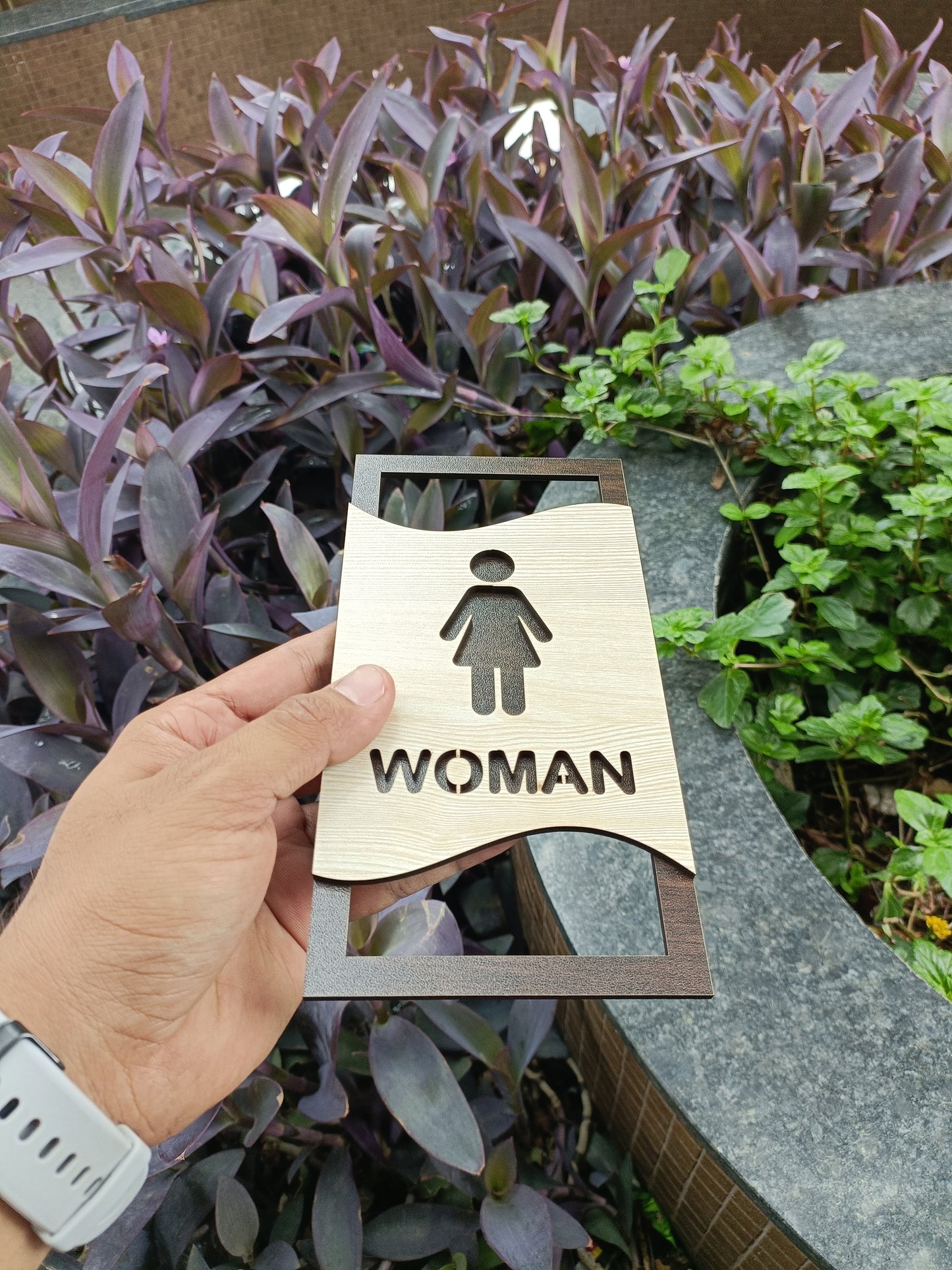 men & women toilet sign board set | wooden laser cut design | 4x8 inch each | 7mm thickness | peel & stick washroom signage for office, restaurant, home, hotel