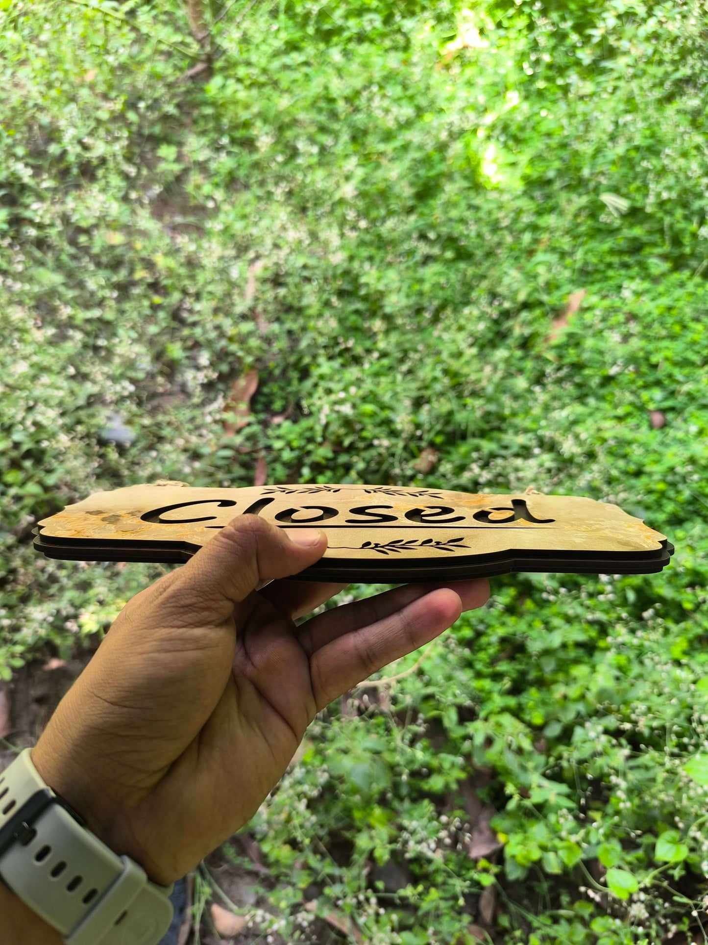 ouble-sided mdf open & closed hanging sign board | elegant laser cut design for shop, office, café