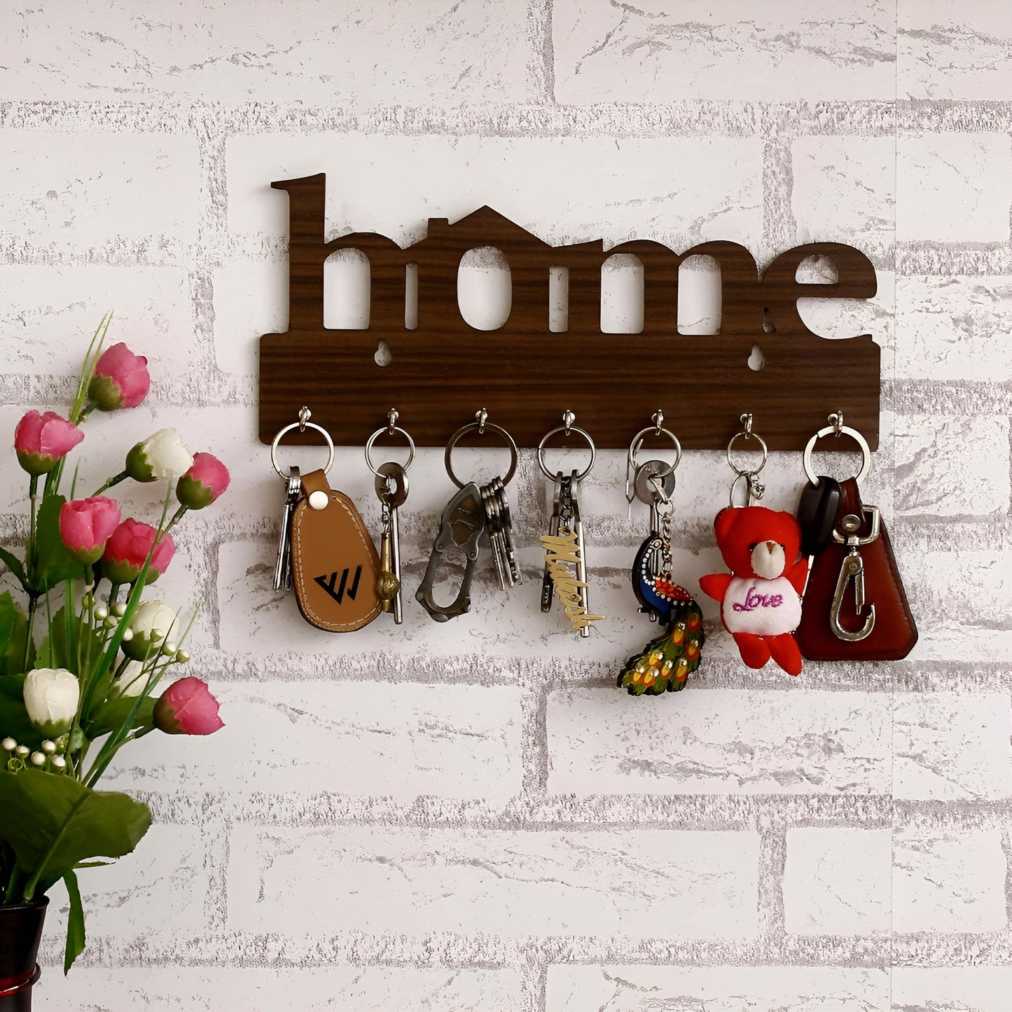 premium wooden mdf “home” “brown” key holder (12.7x30.5 cm | 0.4 cm thick) | wall mounted key stand with 7 stainless steel hooks | decorative organizer for entryway & living room