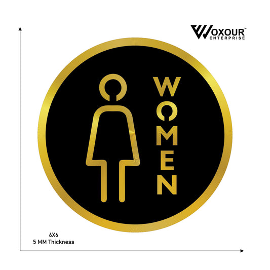 MDF + Acrylic WOMEN Sign Board – 6x6 Inch | 5mm Thick | MDF Top with Gold Acrylic Base | Elegant Female Restroom Sign for Office, Mall, Hotel, Clinic