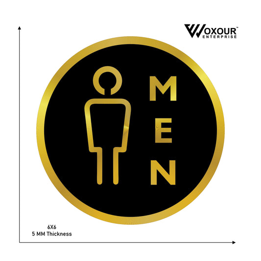 Premium Men Washroom Sign – 6x6 Inch | 5mm Thick | MDF Top with Gold Acrylic Base | Modern Toilet Direction Sign for Office, Building, Hotel