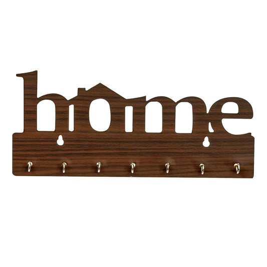 Premium Wooden MDF “HOME” “BROWN” Key Holder (12.7x30.5 cm | 0.4 cm Thick) | Wall Mounted Key Stand with 7 Stainless Steel Hooks | Decorative Organizer for Entryway & Living Room