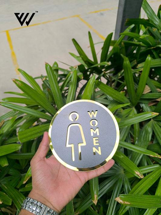 MDF + Acrylic WOMEN Sign Board – 6x6 Inch | 5mm Thick | MDF Top with Gold Acrylic Base | Elegant Female Restroom Sign for Office, Mall, Hotel, Clinic