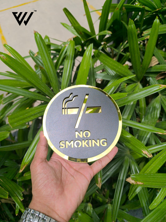 MDF + Acrylic NO SMOKING Sign Board – 6x6 Inch | 5mm Thick | MDF Top with Gold Acrylic Base | Modern Prohibition Sign for Office, Clinic, Hotel, Public Areas