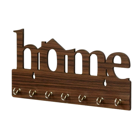 Premium Wooden MDF “HOME” “BROWN” Key Holder (12.7x30.5 cm | 0.4 cm Thick) | Wall Mounted Key Stand with 7 Stainless Steel Hooks | Decorative Organizer for Entryway & Living Room