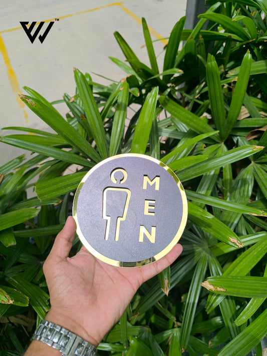 Premium Men Washroom Sign – 6x6 Inch | 5mm Thick | MDF Top with Gold Acrylic Base | Modern Toilet Direction Sign for Office, Building, Hotel