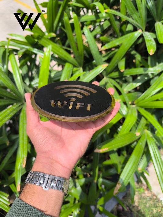 MDF + Acrylic WIFI Sign Board – 6x6 Inch | 5mm Thick | MDF Top with Gold Acrylic Base | Stylish WiFi Available Sign for Cafe, Office, Reception, Hotel