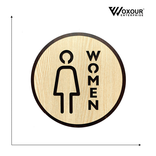 WOMEN Toilet Sign Board | Round MDF Laser Cut | 6x6 Inch | 7MM Thickness | Peel & Stick | Female Restroom Symbol for Office, Café, Home