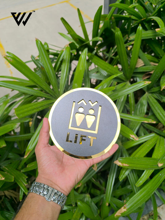 MDF + Acrylic Lift Sign Board – 6x6 Inch | 5mm Thick | MDF Top with Gold Acrylic Base | Modern Elevator Direction Sign for Office, Building, Hotel