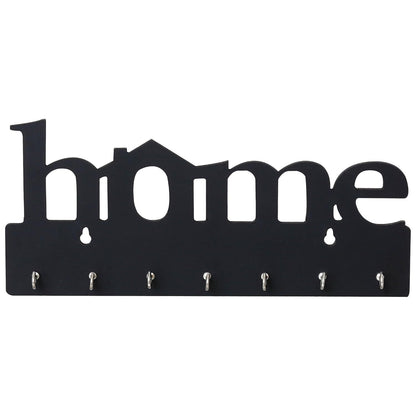 Premium Wooden MDF “HOME” “BLACK” Key Holder (12.7x30.5 cm | 0.4 cm Thick) | Wall Mounted Key Stand with 7 Stainless Steel Hooks | Decorative Organizer for Entryway & Living Room