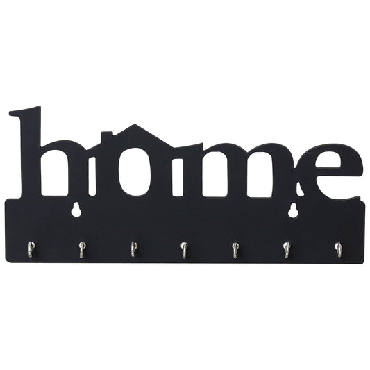Premium Wooden MDF “HOME” “BLACK” Key Holder (12.7x30.5 cm | 0.4 cm Thick) | Wall Mounted Key Stand with 7 Stainless Steel Hooks | Decorative Organizer for Entryway & Living Room