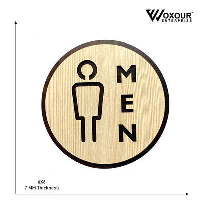 Wooden MEN Toilet Sign Board | Round Laser Cut MDF | 6x6 Inch | 7MM Thickness | Peel & Stick Washroom Sign for Office, Home, Café, Hotel