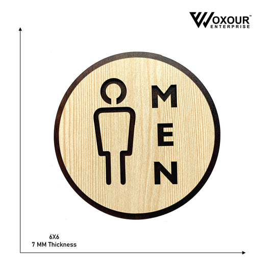 Wooden MEN Toilet Sign Board | Round Laser Cut MDF | 6x6 Inch | 7MM Thickness | Peel & Stick Washroom Sign for Office, Home, Café, Hotel