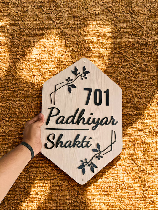 Customized Wooden Acrylic Nameplate – Hexagonal Design | Flat Number & Family Name | Elegant Home Decor