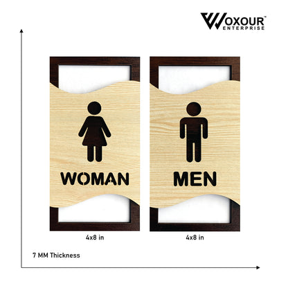 Men & Women Toilet Sign Board Set | Wooden Laser Cut Design | 4x8 Inch Each | 7MM Thickness | Peel & Stick Washroom Signage for Office, Restaurant, Home, Hotel