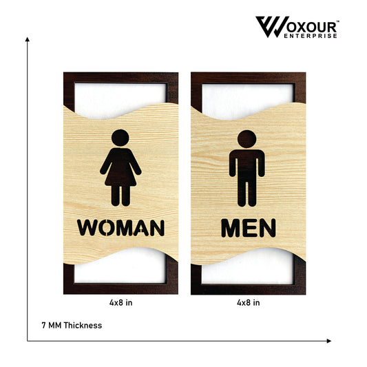 Men & Women Toilet Sign Board Set | Wooden Laser Cut Design | 4x8 Inch Each | 7MM Thickness | Peel & Stick Washroom Signage for Office, Restaurant, Home, Hotel