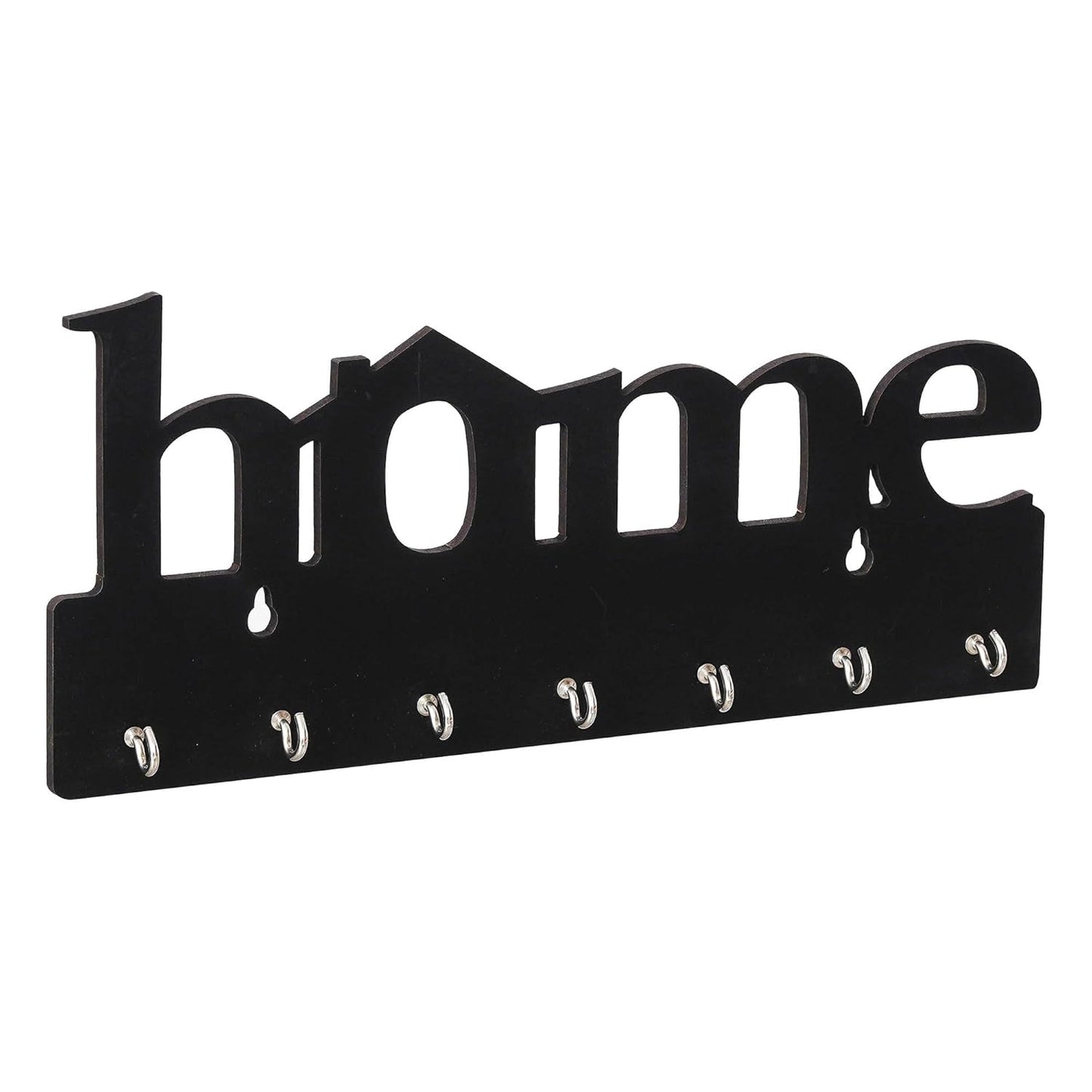 premium wooden mdf “home” “black” key holder (12.7x30.5 cm | 0.4 cm thick) | wall mounted key stand with 7 stainless steel hooks | decorative organizer for entryway & living room