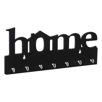 Premium Wooden MDF “HOME” “BLACK” Key Holder (12.7x30.5 cm | 0.4 cm Thick) | Wall Mounted Key Stand with 7 Stainless Steel Hooks | Decorative Organizer for Entryway & Living Room