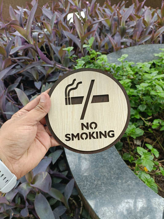 Wooden No Smoking Sign Board | Round Laser Cut MDF | 6x6 Inch | 7MM Thickness | Peel & Stick | Indoor Wall/Office/Restaurant Signage