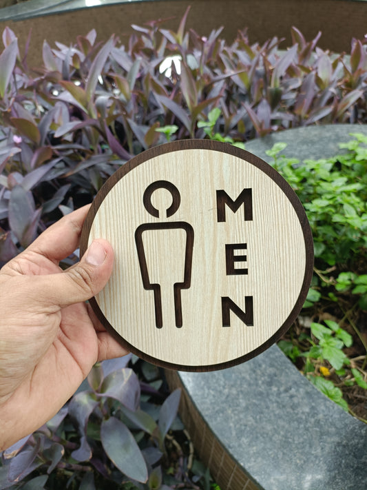 Wooden MEN Toilet Sign Board | Round Laser Cut MDF | 6x6 Inch | 7MM Thickness | Peel & Stick Washroom Sign for Office, Home, Café, Hotel