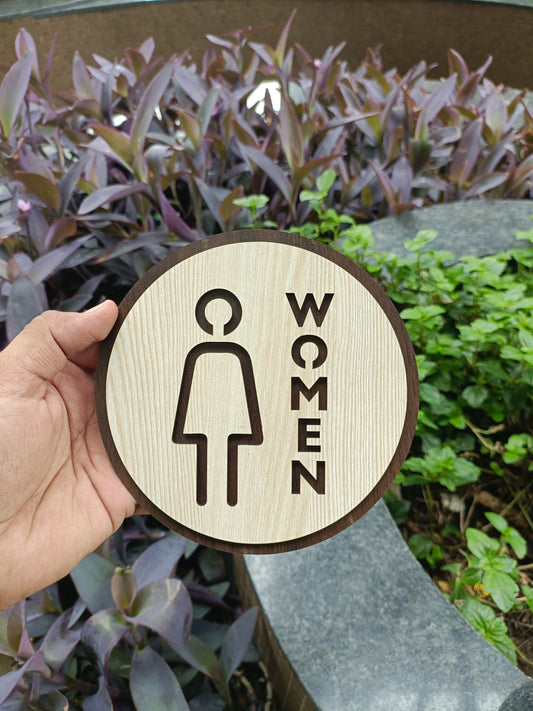 WOMEN Toilet Sign Board | Round MDF Laser Cut | 6x6 Inch | 7MM Thickness | Peel & Stick | Female Restroom Symbol for Office, Café, Home