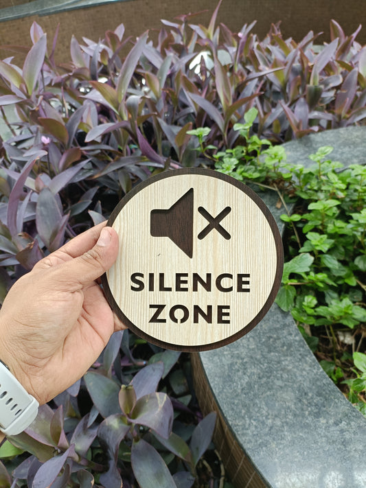 SILENCE ZONE Wooden Sign Board | Round Laser Cut MDF | 6x6 Inch | 7MM Thickness | Peel & Stick | Noise Control Signage for Offices, Clinics, Libraries, Temples
