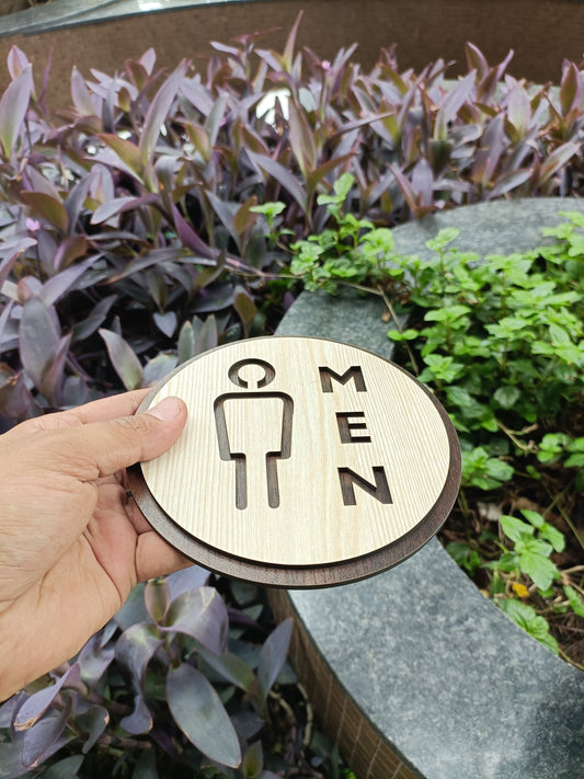 Wooden MEN Toilet Sign Board | Round Laser Cut MDF | 6x6 Inch | 7MM Thickness | Peel & Stick Washroom Sign for Office, Home, Café, Hotel