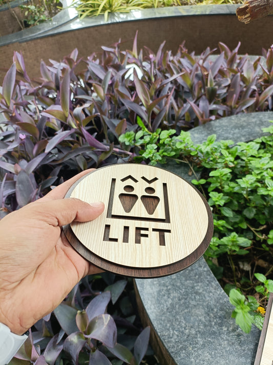 Wooden Lift Sign Board | Round Laser Cut MDF | 6x6 Inch | 7MM Thickness | Peel & Stick Installation | Elevator Direction Sign for Wall, Apartment, Office, Hotel