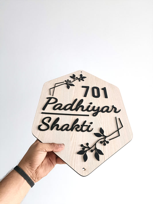 Customized Wooden Acrylic Nameplate – Hexagonal Design | Flat Number & Family Name | Elegant Home Decor