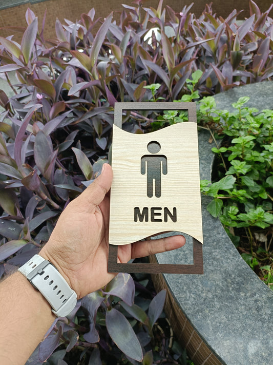 Men & Women Toilet Sign Board Set | Wooden Laser Cut Design | 4x8 Inch Each | 7MM Thickness | Peel & Stick Washroom Signage for Office, Restaurant, Home, Hotel