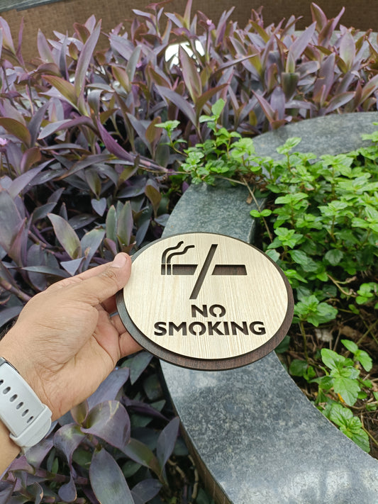 Wooden No Smoking Sign Board | Round Laser Cut MDF | 6x6 Inch | 7MM Thickness | Peel & Stick | Indoor Wall/Office/Restaurant Signage
