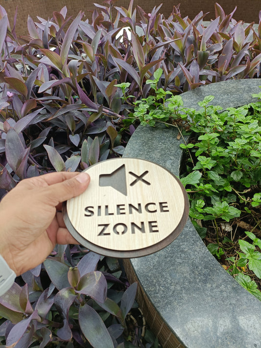 SILENCE ZONE Wooden Sign Board | Round Laser Cut MDF | 6x6 Inch | 7MM Thickness | Peel & Stick | Noise Control Signage for Offices, Clinics, Libraries, Temples