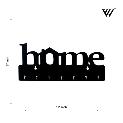 Premium Wooden MDF “HOME” “BLACK” Key Holder (12.7x30.5 cm | 0.4 cm Thick) | Wall Mounted Key Stand with 7 Stainless Steel Hooks | Decorative Organizer for Entryway & Living Room