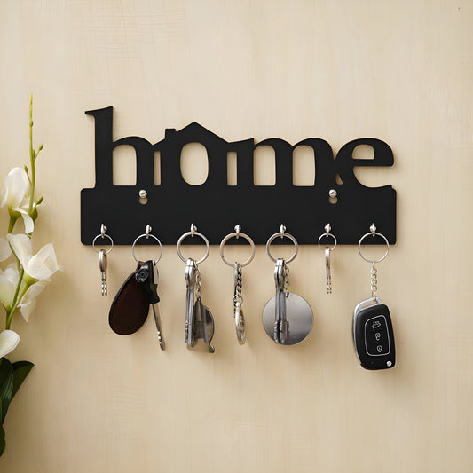 Premium Wooden MDF “HOME” “BLACK” Key Holder (12.7x30.5 cm | 0.4 cm Thick) | Wall Mounted Key Stand with 7 Stainless Steel Hooks | Decorative Organizer for Entryway & Living Room
