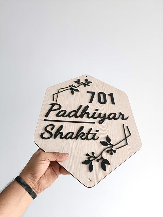Customized Wooden Acrylic Nameplate – Hexagonal Design | Flat Number & Family Name | Elegant Home Decor